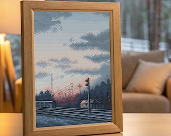 Patrón de punto de cruz de paisaje ferroviario, cielo al atardecer melancólico, escena de vías de tren, gráfico de paisaje nuboso