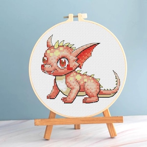 Baby Monster Cross stitch Dragon pattern pdf - Red Dragon cross stitch anime art embroidery fairy dinosaur cross stitch baby dragon nursery