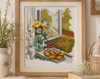 Open Window Cross Stitch Garden Pattern PDF, Daisy Still Life, Cottage Kitchen Embroidery, Farmhouse Flower Gardening