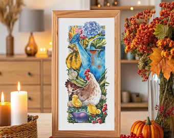 Chicken Cross Stitch Country House pattern pdf Rustic cross stitch cottagecore embroidery needlepoint village cross stitch farm animals hen