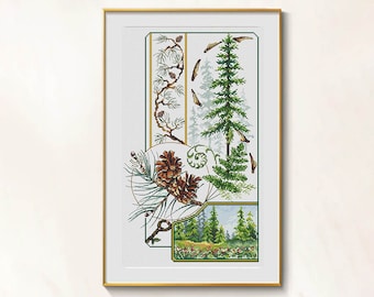 Pine Cone Cross Stitch Evergreen Pattern pdf - Woodland Cross Stitch Pine Cone embroidery botanical needlepoint fir cone blackwork dmc chart