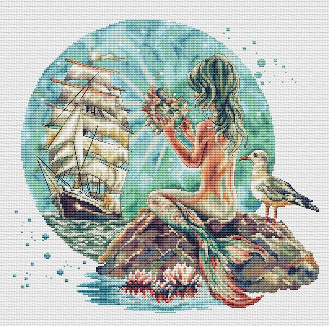 Mermaid Cross Stitch Sea Pattern Pdf - Mermaid Embroidery Fairy Ship ...