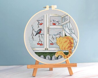 Ginger Cat cross stitch window pattern pdf - Christmas cross stitch winter birds window embroidery funny cross stitch hunting cat blackwork