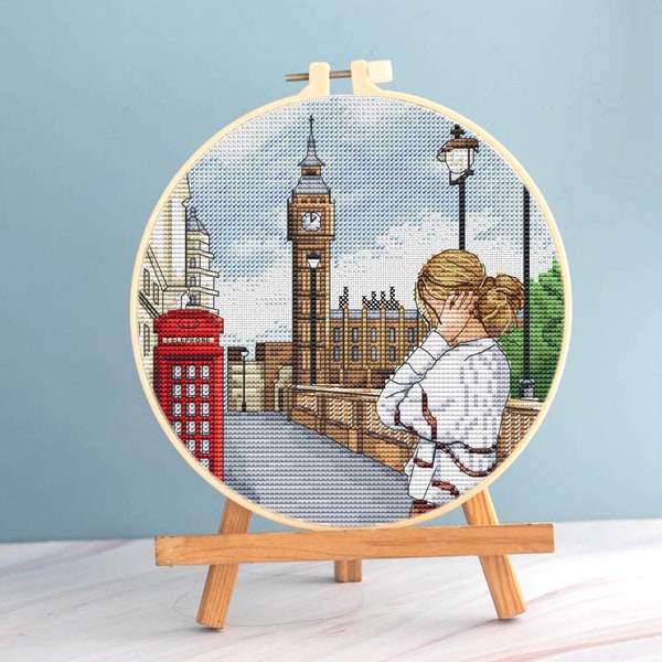 Big Ben Cross Stitch London pattern pdf - Travel London cross stitch travelling girl embroidery Big Ben Tower cross stitch girl in London