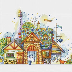 Fisherman Village Cross Stitch Nursery Pattern pdf - Rustic cross stitch fairy village embroidery cottagecore cross stitch seaside blackwork