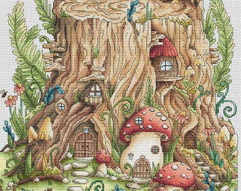 Fairy cross stitch mushroom pattern pdf - Mushroom house cross stitch fairy tale embroidery blackwork woodland cross stitch cottagecore dmc