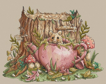 Tea House cross stitch mushrooms pattern pdf - Fairy tale cross stitch little mouse house embroidery woodland cross stitch forest blackwork