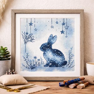 Puede incluir: Imagen de punto de cruz enmarcado que representa la silueta de un conejo azul con un diseño de noche estrellada. La obra de arte incluye estrellas colgantes, elementos florales y un fondo azul claro. El marco es de madera clara.