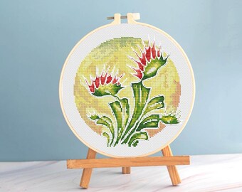 Patrón de punto de cruz naif de Venus atrapamoscas en pdf - Punto de cruz redondo, planta exótica, bordado floral, minimalista, planta de terrario, dmc, blackwork