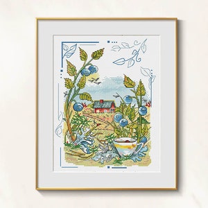 Blueberry cross stitch summer mood pattern pdf - Cottagecore embroidery berries cross stitch rustic needlepoint plant pattern blueberries