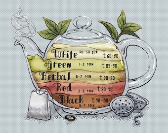 Tea Cross Stitch Sampler pattern PDF - Green Tea Embroidery Teapot needlepoint kitchen Cross Stitch jasmine teapot glass DMC Chart