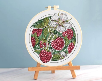 Raspberry cross stitch garden pattern pdf - Folk art embroidery berries cross stitch floral needlepoint botanical plant pattern raspberries