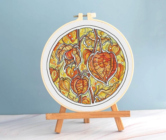 Physalis cross stitch botanical pattern pdf - Round cross stitch Winter Cherry fruit embroidery autumn flower needlepoint physalis plant dmc