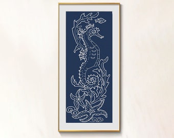 Sea horse cross stitch whitework pattern pdf, sea life cross stitch sea horse nautical embroidery blackwork needlework sea horse needlepoint