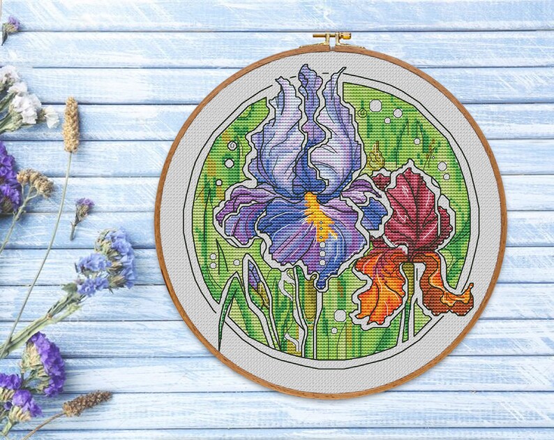 Iris Cross Stitch Round Pattern Pdf - Purple Flowers Cross Stitch ...