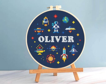 Space Baby cross stitch birth announcement pattern - custom name cross stitch little spaceman embroidery baby record nasa space needlepoint