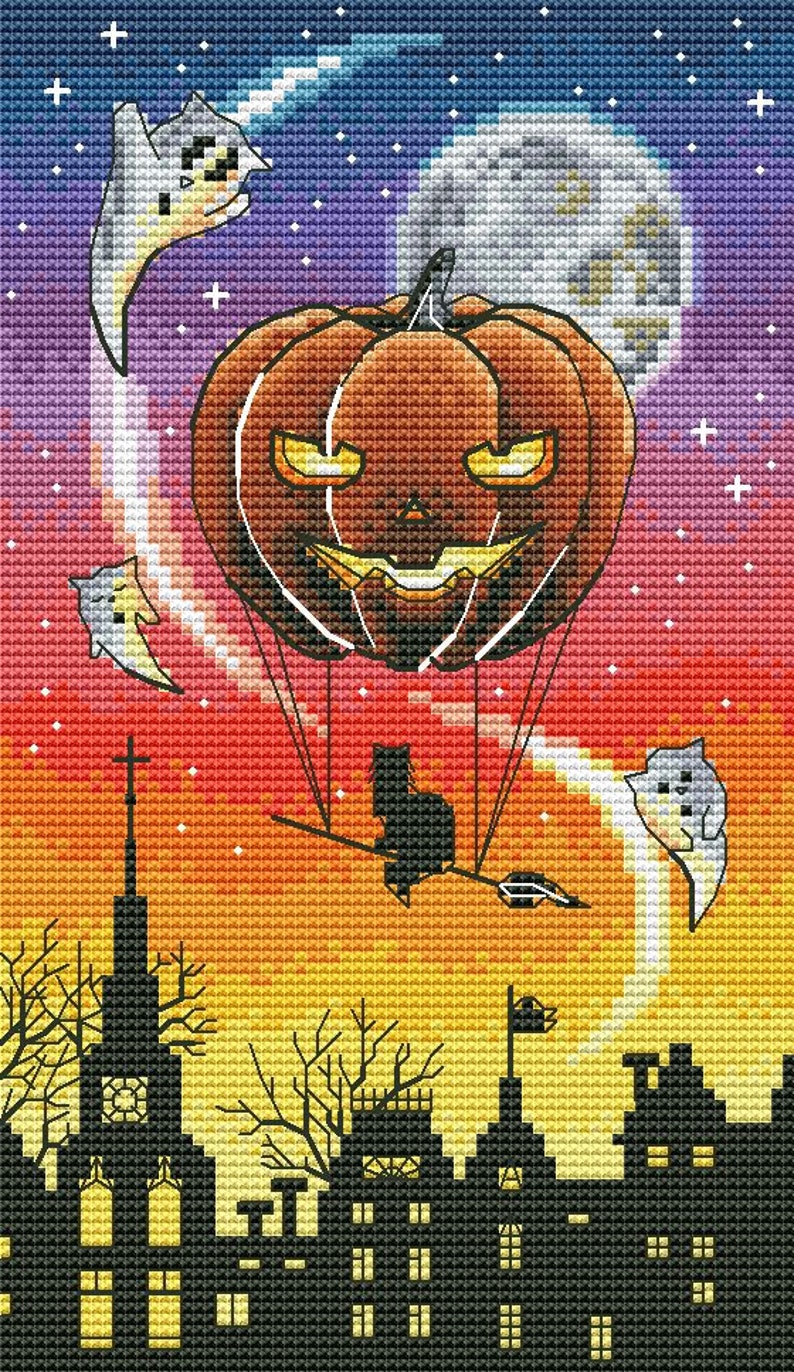 Halloween Cross Stitch Night Pattern Pdf - Pumpkin Ghost Embroidery ...