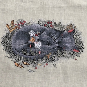 Cat cross stitch fairy pattern pdf - Autumn cross stitch sleeping girl hand embroidery fairy cat cross stitch nursery tale blackwork chart