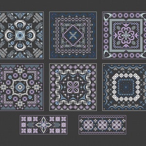 6 Biscornu Cross Stitch Blackwork patterns pdf - Pincushion Embroidery Pink Cross Stitch Ornamental Cross Stitch Geometric whitework charts