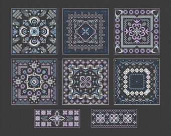 6 Biscornu Cross Stitch Blackwork patterns pdf - Pincushion Embroidery Pink Cross Stitch Ornamental Cross Stitch Geometric whitework charts