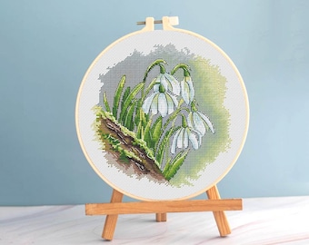 Snowdrops cross stitch spring pattern pdf - Round cross stitch snowdrops embroidery spring plant cross stitch spring blossom dmc blackwork