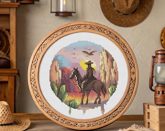 Grand Canyon point de croix cowboy rond motif pdf - Amérindiens broderie point de croix chef de tribu américaine cowboy solitaire