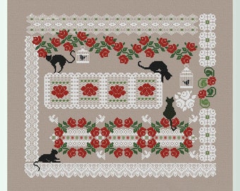 Black Cats cross stitch whitework pattern pdf - Floral cross stitch funny cats embroidery red roses cross stitch black cat sampler blackwork