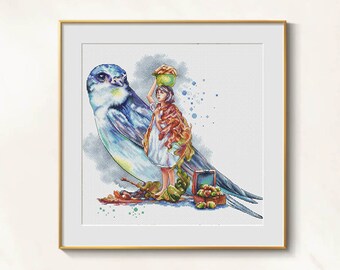 Thumbelina & Swallow Cross Stitch Blackwork patroon pdf - Sprookjeskruissteek Andersen kruissteek sprookjesprinses borduurwerk blackwork
