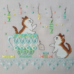 Kittens Cross Stitch Funny Pattern PDF Cute Cats Embroidery Whitework Cats in Cup Needlepoint cross stitch funny kitten embroidery blackwork