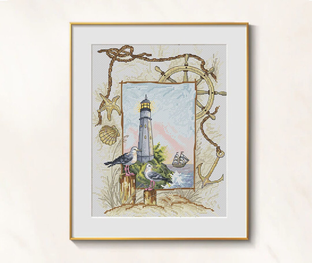 Lighthouse Cross Stitch Sea Coast Pattern Pdf - Seagulls Embroidery ...