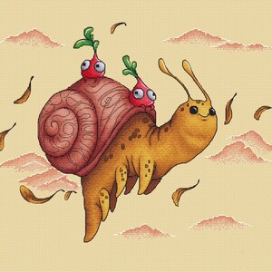 May include: A cross-stitch image of a cheerful yellow snail with a brown shell, transporting two red radish characters. The background is a light beige with stylized clouds and falling leaves, creating a playful, cartoonish scene.