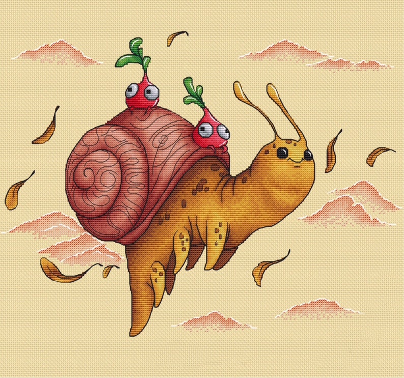 May include: A cross-stitch image of a cheerful yellow snail with a brown shell, transporting two red radish characters. The background is a light beige with stylized clouds and falling leaves, creating a playful, cartoonish scene.