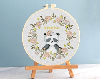 Baby Kreuzstich Mädchen Geburt Sampler Muster - neue Babyankündigung Geburtsdatensatz Stickerei Baby Mädchen Name Panda Kreuzstich Panda Baby