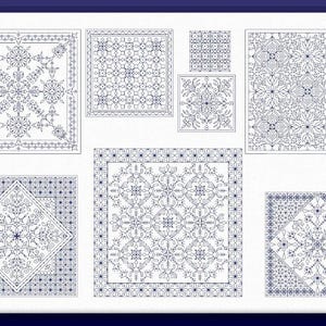 May include: A selection of cross-stitch patterns in square and rectangular formats. The designs showcase detailed floral and geometric motifs in blue hues against a white backdrop, all enclosed within a dark blue border.