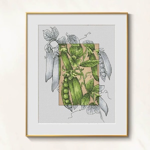 Puede incluir: Una obra de arte en punto de cruz enmarcada con una ilustración botánica de plantas de guisantes. El diseño muestra vainas de guisantes verdes, hojas y vides dentro de un marco rectangular beige. La obra de arte está sobre un fondo gris claro y enmarcada en dorado.