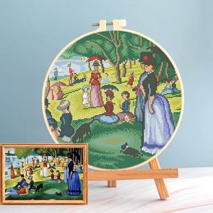 Seurat cross stitch Sunday pattern pdf- Impressionism cross stitch Georges Seurat embroidery round cross stitch Sunday Afternoon blackwork