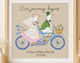 Personalized Wedding cross stitch newlyweds pattern, Monochrome loving couple custom names date, Love anniversary journey