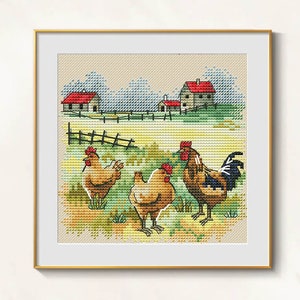 Huhn Kreuzstich Bauernhof Stickmuster pdf - Cottagecore Kreuzstich Hahn ländliche Kunst Stickerei Dorf Henne Szene rustikaler Kreuzstich Bauernhof Henne