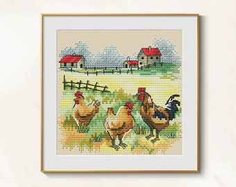 Chicken Cross Stitch farm pattern pdf - Cottagecore cross stitch rooster rural art embroidery village hen scene rustic cross stitch farm hen