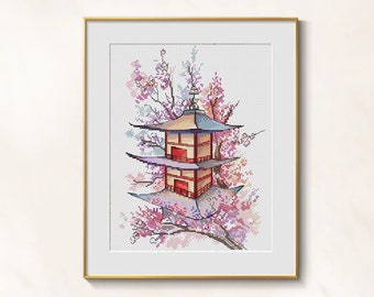 Pagoda cross stitch Asian pattern pdf - Buddhist embroidery Japanese cross stitch pagoda tower easy cross stitch sakura blackwork pattern