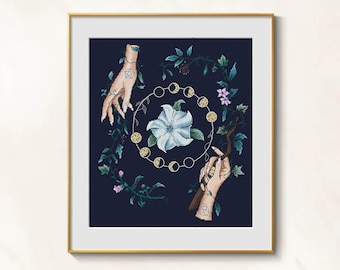 Solar system cross stitch planets pattern pdf - Moon cross stitch flower moon phases embroidery solar hands needlepoint new moon blackwork