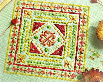 Floral Biscornu Cross Stitch Blackwork pattern pdf - Pin Cushion Embroidery Autumn Cross Stitch PDF Biscornu Pattern Pincushion Cross Stitch