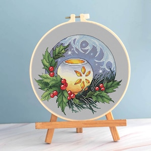 Yule Holiday Cross Stitch Candle Pattern pdf - Wild Hunt Embroidery Round Cross stitch Wiccan Day needlepoint Light Goddess Yule Day chart