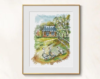 Goose Cross Stitch old farm pattern pdf - Rustic cross stitch geese cottagecore embroidery needlepoint village cross stitch rural pattern