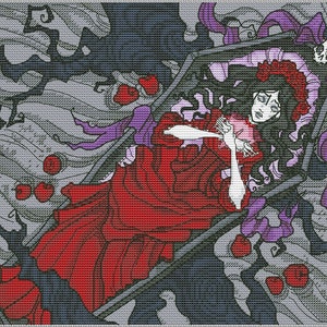 May include: Cross-stitch art depicting a woman in a red dress lying in a coffin. The artwork features a gothic theme with dark colors, including black, gray, and purple. Red roses and flowing ribbons add to the dramatic effect.