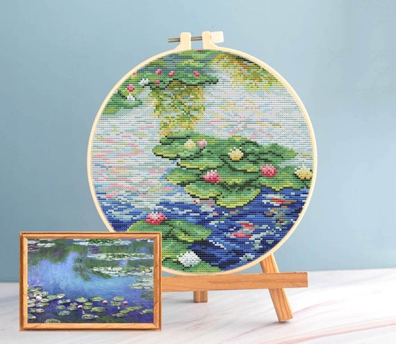 モネ 睡蓮の池 カウントクロスステッチ 完成品 モネの池のクロスステッチパターンpdf、モネの睡蓮の池の刺繍クロス