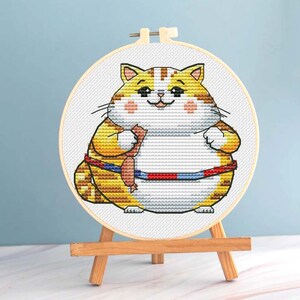 Fat Cat Cross Stitch Funny Pattern pdf - Mini cross stitch funny fat cat embroidery lovable cat  needlepoint easy cat sausage beginner chart