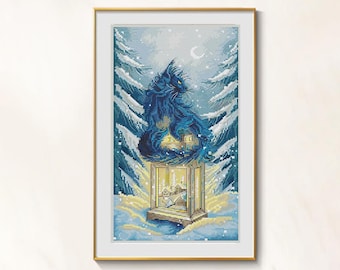 Yule Cross Stitch Black Cat Pattern Pdf - Halloween Embroidery Black Cat Cross Stitch Fairy Cat needlepoint halloween cat blackwork pattern