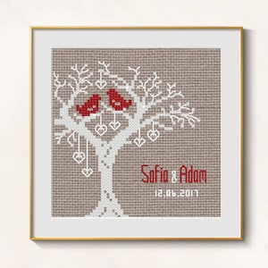 Wedding Tree cross stitch love birds pattern pdf - Wedding Sampler cross stitch love tree mr & mrs custom wedding embroidery love tree birds