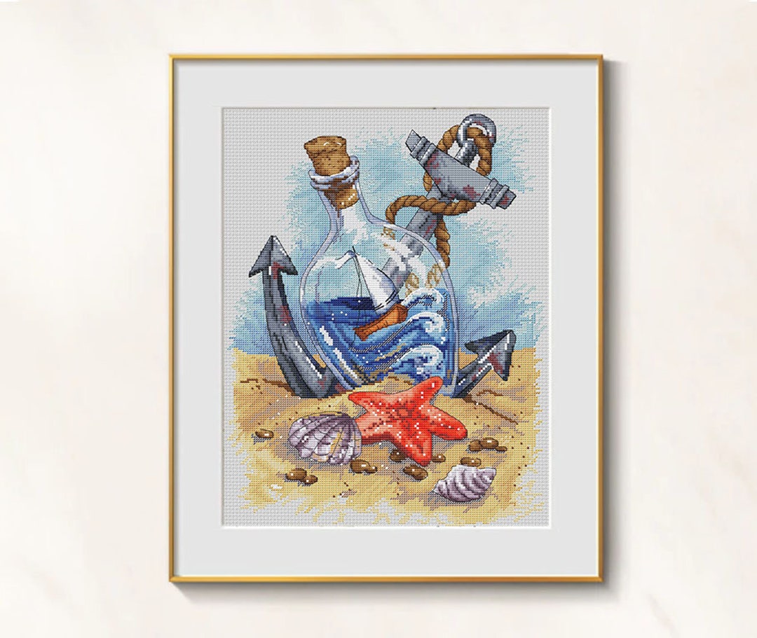 YEESAM ART Kreuzstich-Set 'Blaues Meer In Flasche' - Vorgedruckt Auf 11CT Stoff (54x38 Cm)